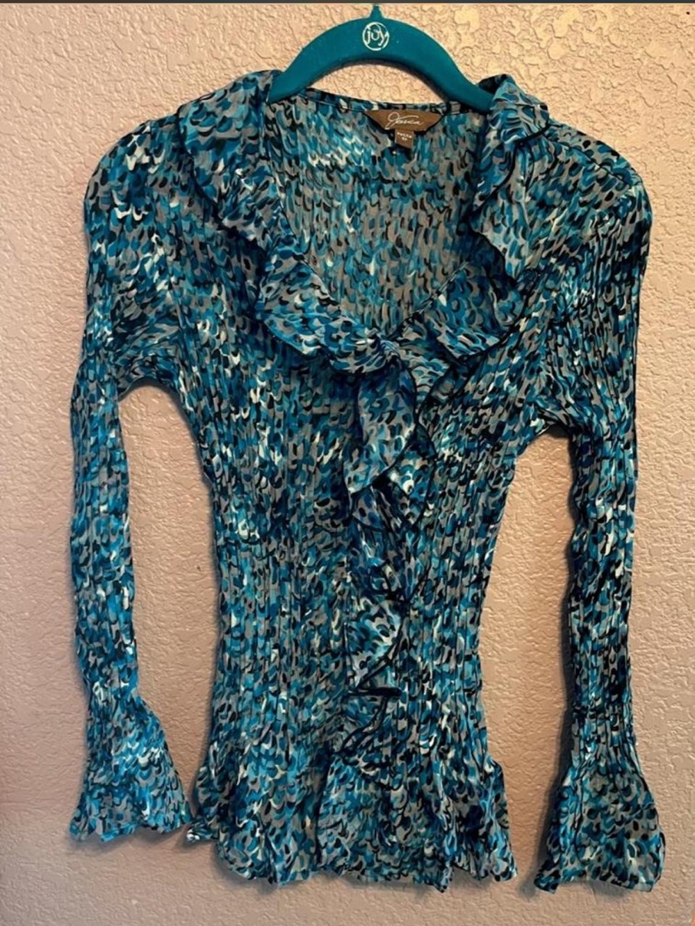 Blue Ruffle-Front Women's Blouse - Picture 4 of 6